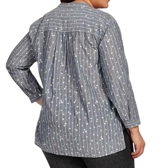 JOHNNY WAS WORKSHOP Stars & Stripes Lace-Up Top Gray Chambray Boho - Picture 2 of 13